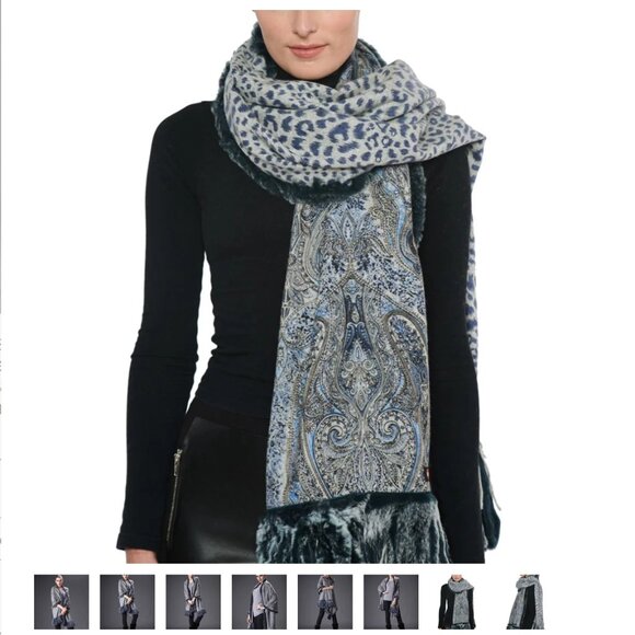 Luxury Gray Blue Cashmere Reversible Leopard Paisley Print Rabbit Fur Scarf Wrap - Picture 2 of 12